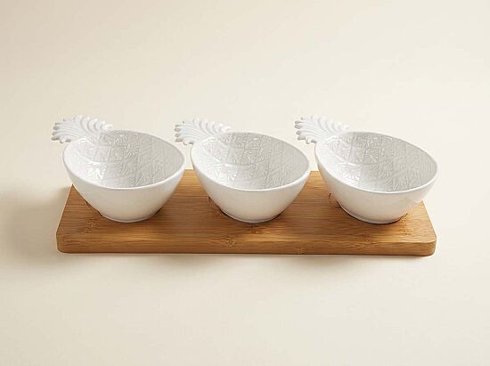 3027 PIWH 3 Parça Porselen Meze Seti Bambu Tepsili 29 x 11 cm - Beyaz - 1