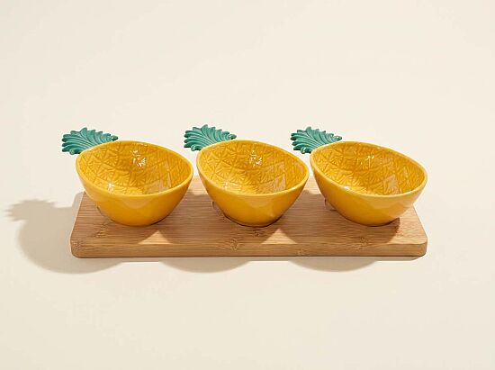 3027 PIYG 3 Parça Porselen Meze Seti Bambu Tepsili 29 x 11 cm - Sarı-Yeşil - 1