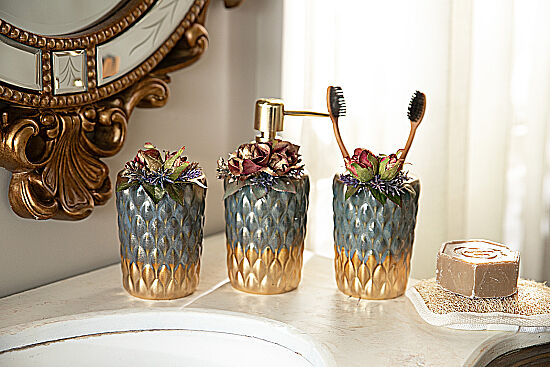 ÇİÇEKLİ BANYO SET 3'LÜ ZYB1996 (SIVI SABUNLUK-DIS FIRCALIK-PAMUKLUK) - 5